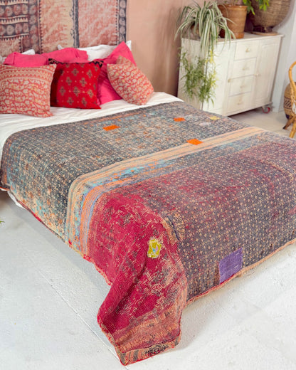 Large Textured Vintage Kantha Quilt in Red and Blue