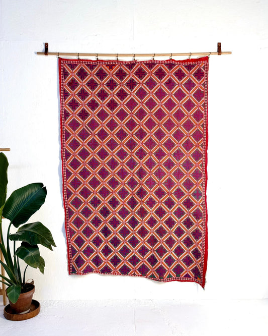 Heavy Vintage Galicha Kantha Quilt In Blue and Red - Biggs & Hill
