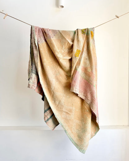 Project Kantha Quilt: Pink, Yellow and Green With Authentic Aged Texture - Biggs & Hill