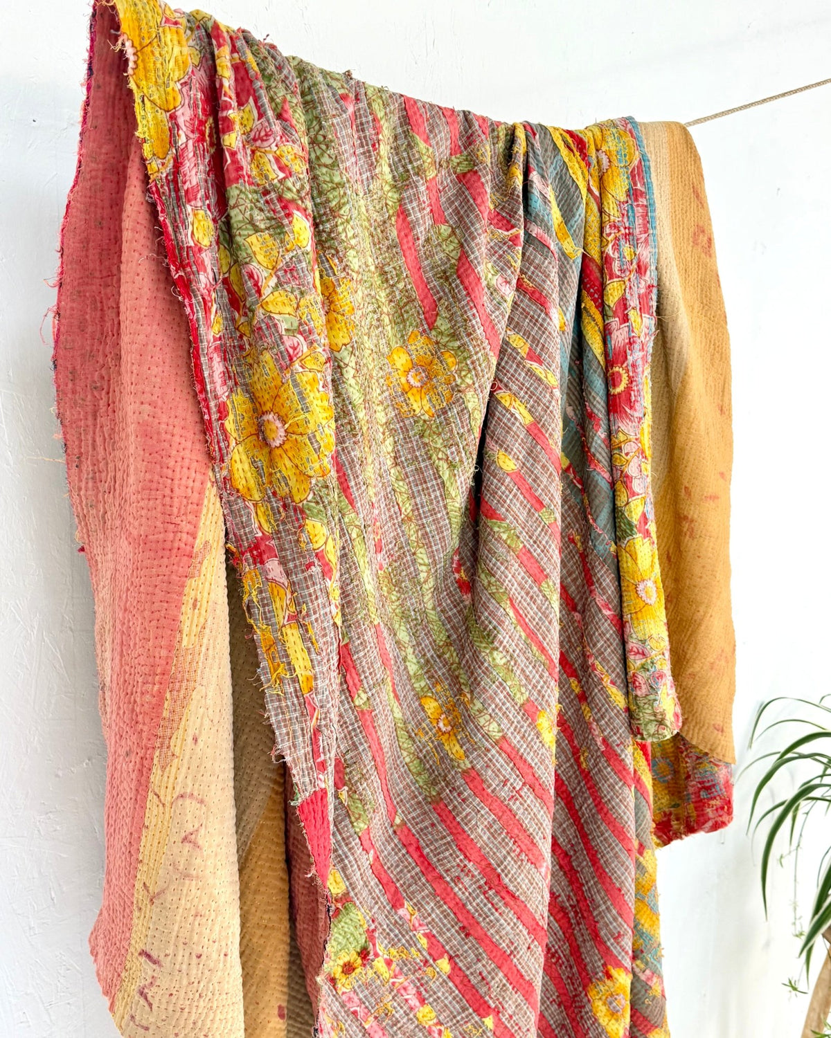 Extra Large Fine Stitched Vintage Kantha Quilt in Red and Yellow - Biggs & Hill