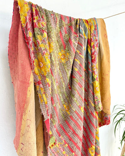 Extra Large Fine Stitched Vintage Kantha Quilt in Red and Yellow - Biggs & Hill