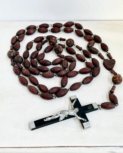 Vintage French Lourdes Rosary (Chapelet) – Wooden Pilgrimage Beads