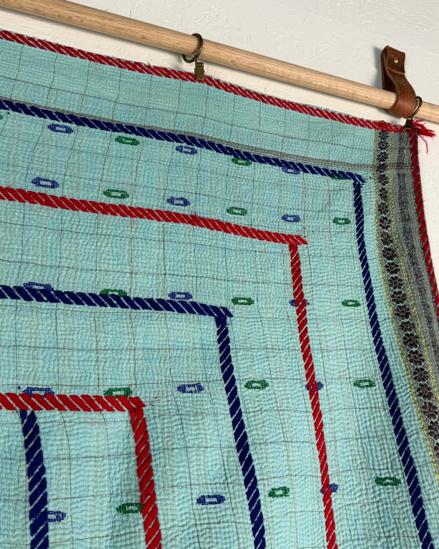Large Fine Stitched Embroidered Vintage Kantha Quilt in Bahama Blue - Biggs & Hill