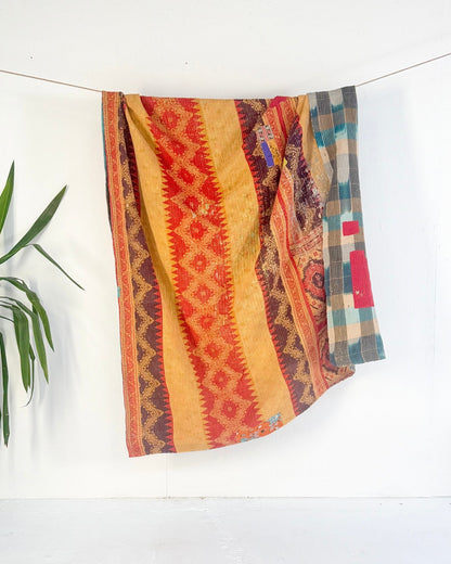 Extra Large Textured Vintage Kantha Quilt In Geometric Yellow, Black and Orange - Biggs & Hill