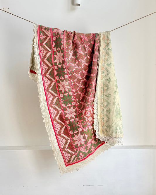 Heavy Vintage Galicha Kantha Quilt in Red and Green With Lace Border - Biggs & Hill