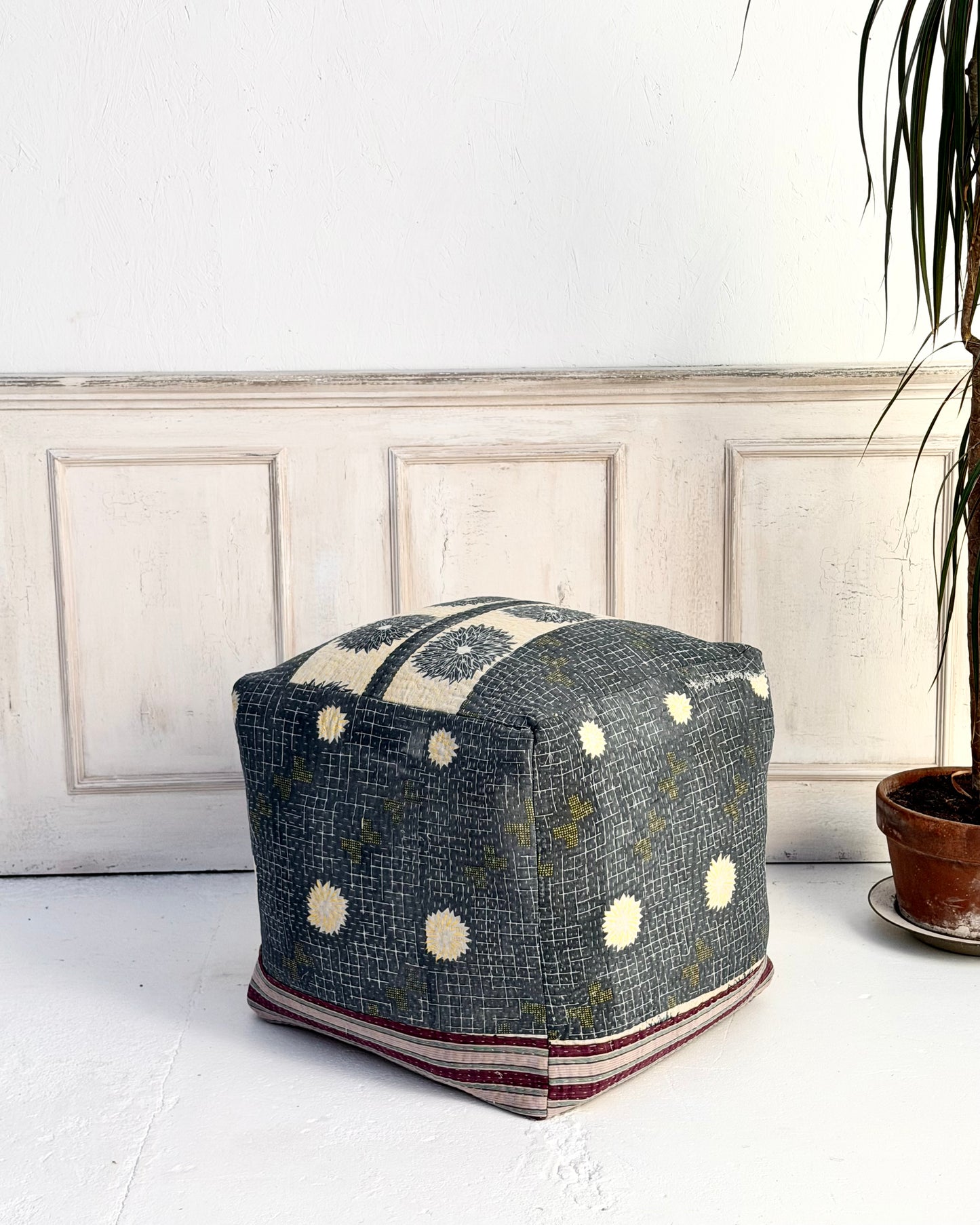 Cube Kantha Pouf Cushion Cover With Blue and Purple Stripes
