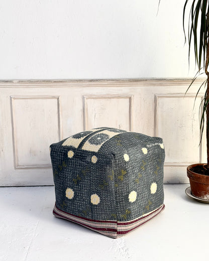 Cube Kantha Pouf Cushion Cover With Blue and Purple Stripes