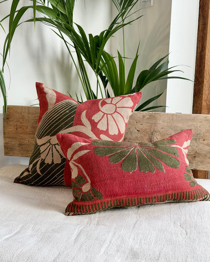 Vintage Kantha Cushion In Forest Green and Pink - Small Rectangular