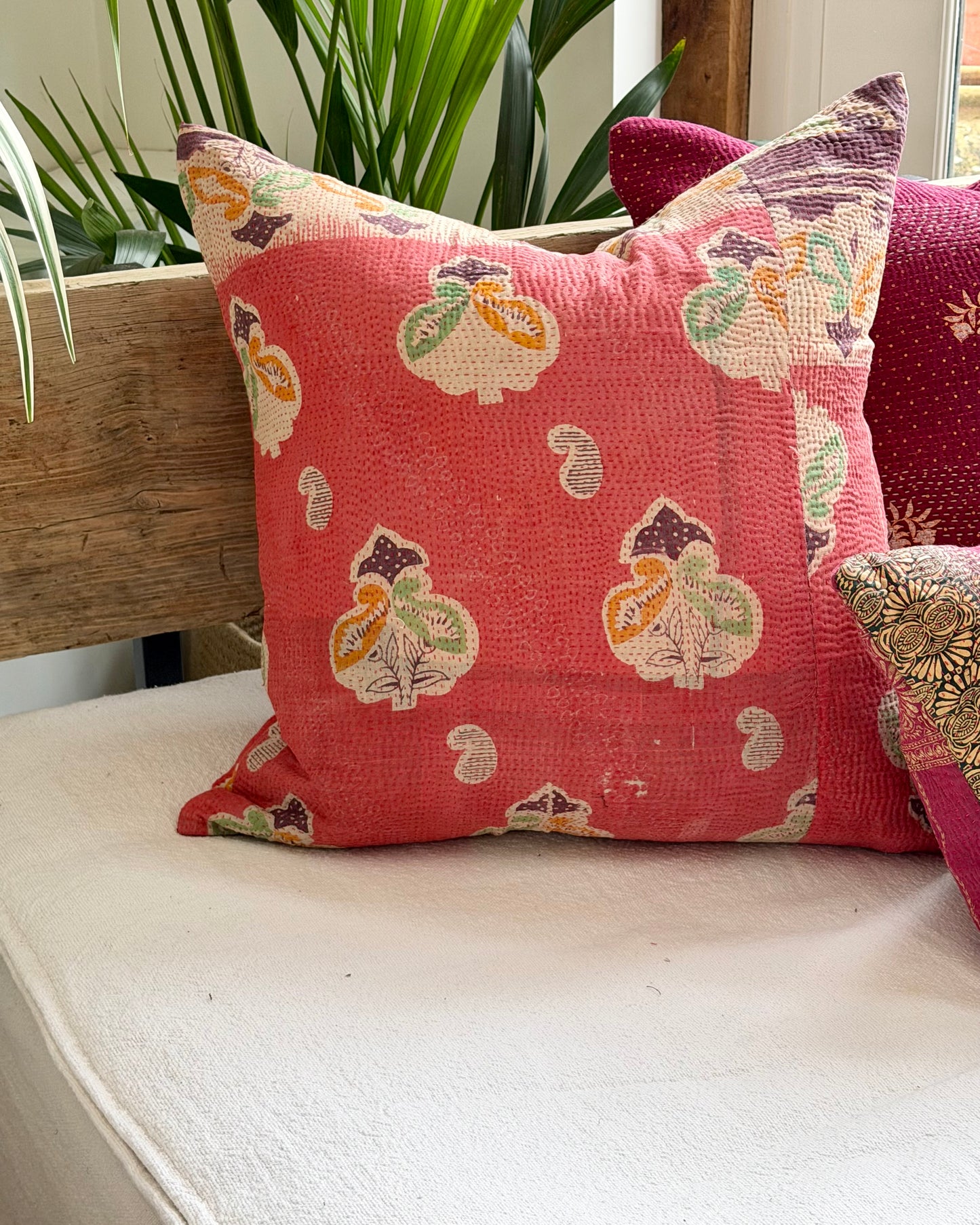 Vintage Kantha Cushion In Pink and Purple - 45cm Square