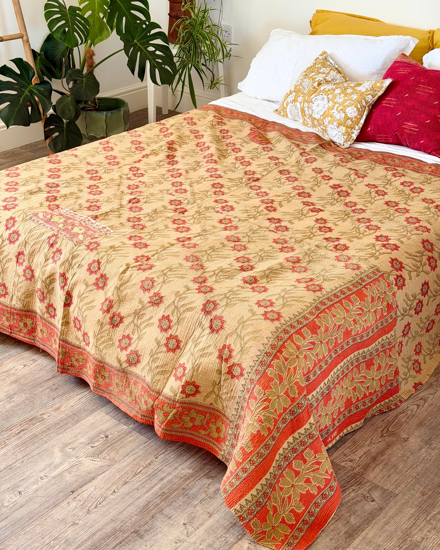 Large Fine Stitched Vintage Kantha Quilt in Orange and Beige