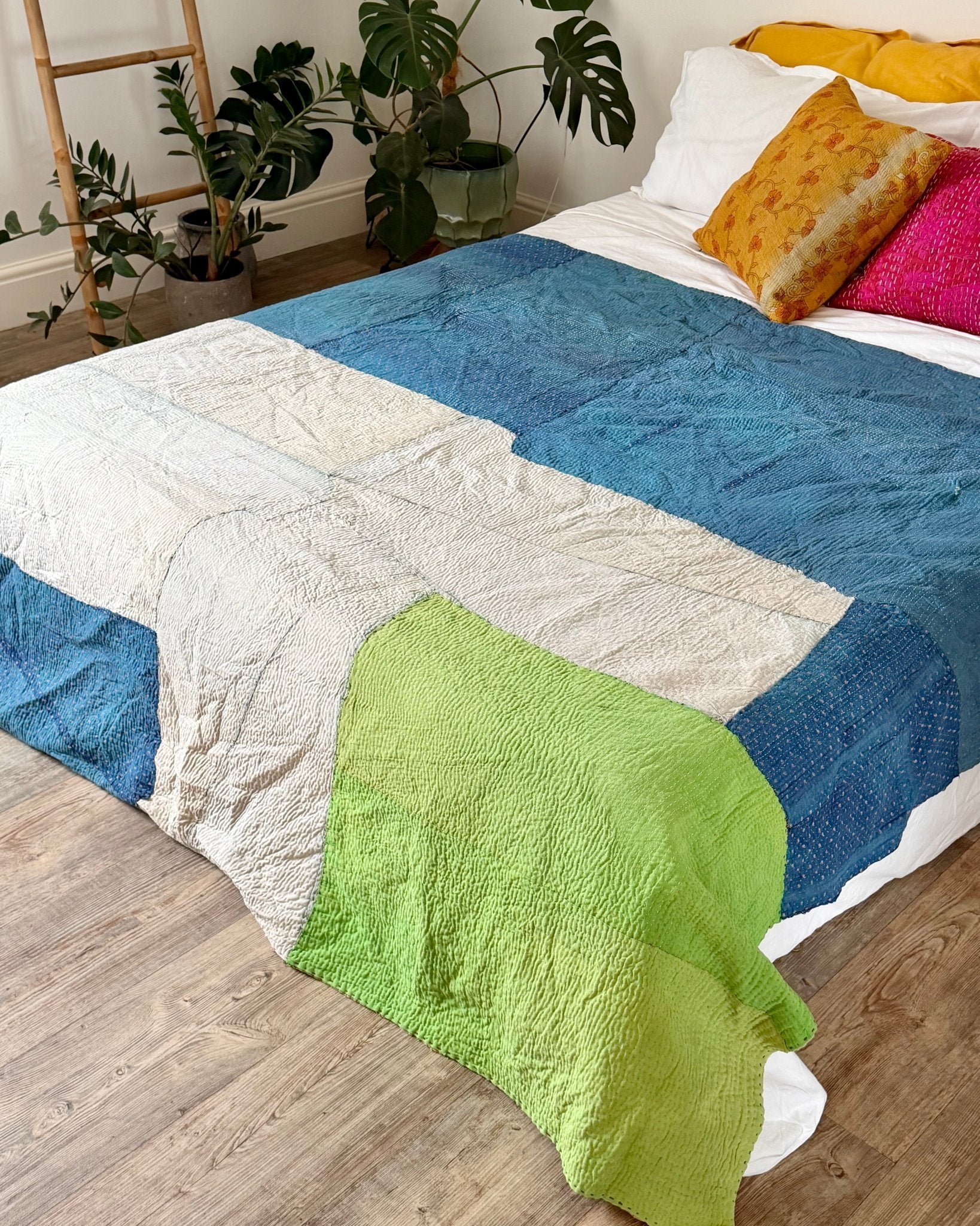 Fine Stitched Vintage Kantha Quilt in Patchwork Blue, White and Green - Biggs & Hill