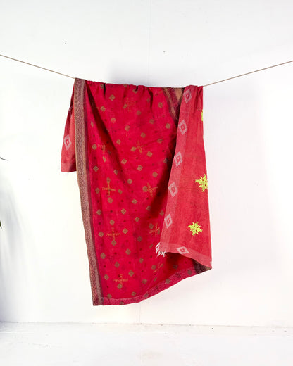Large Embroidered Vintage Kantha Quilt in Red with Neon Embroidery