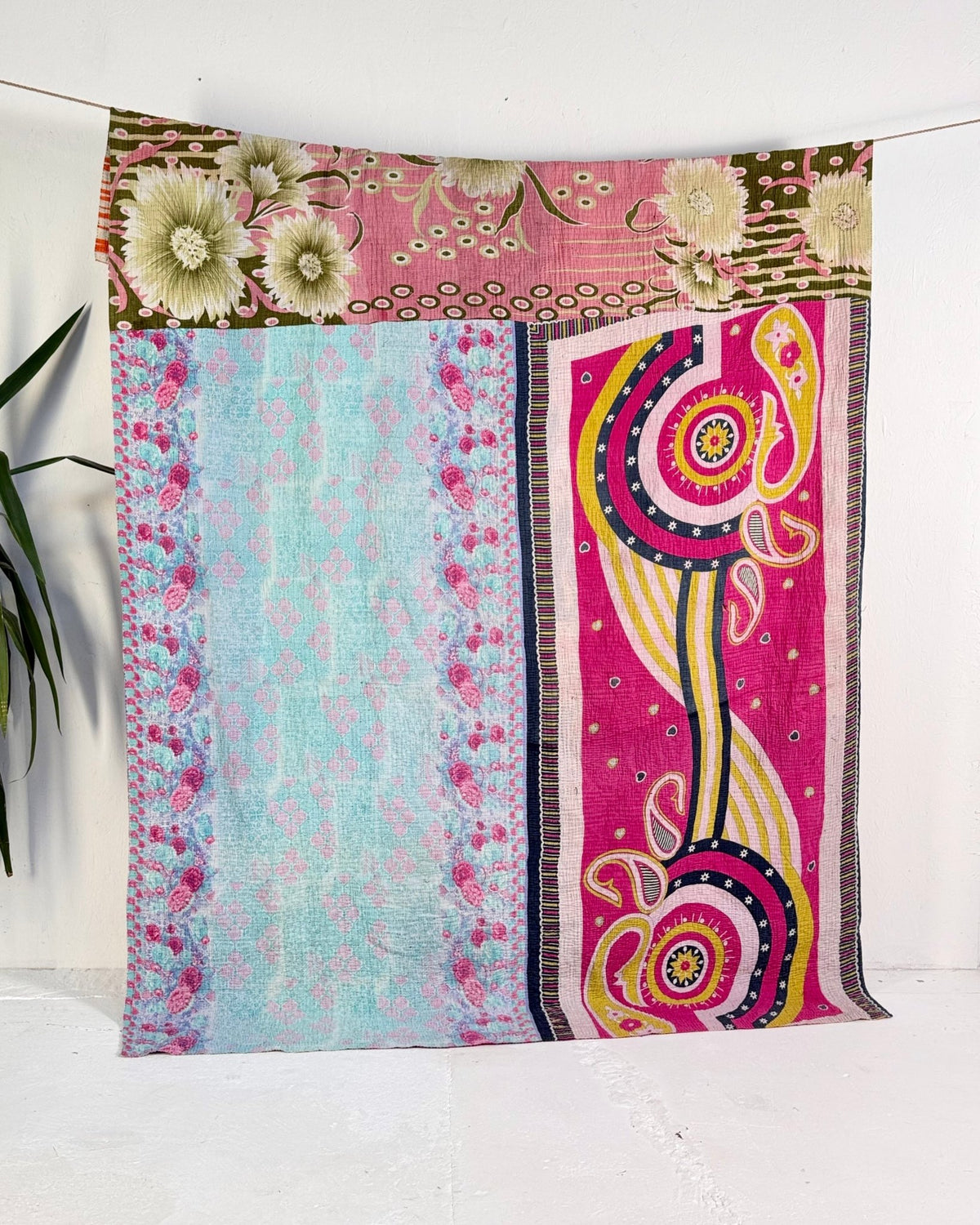 Extra Large Fine Stitched Vintage Kantha Quilt in Vibrant Multicolour Patterns - Biggs & Hill
