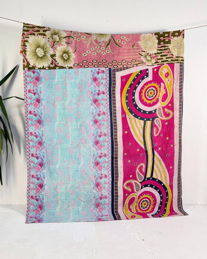 Extra Large Fine Stitched Vintage Kantha Quilt in Vibrant Multicolour Patterns - Biggs & Hill