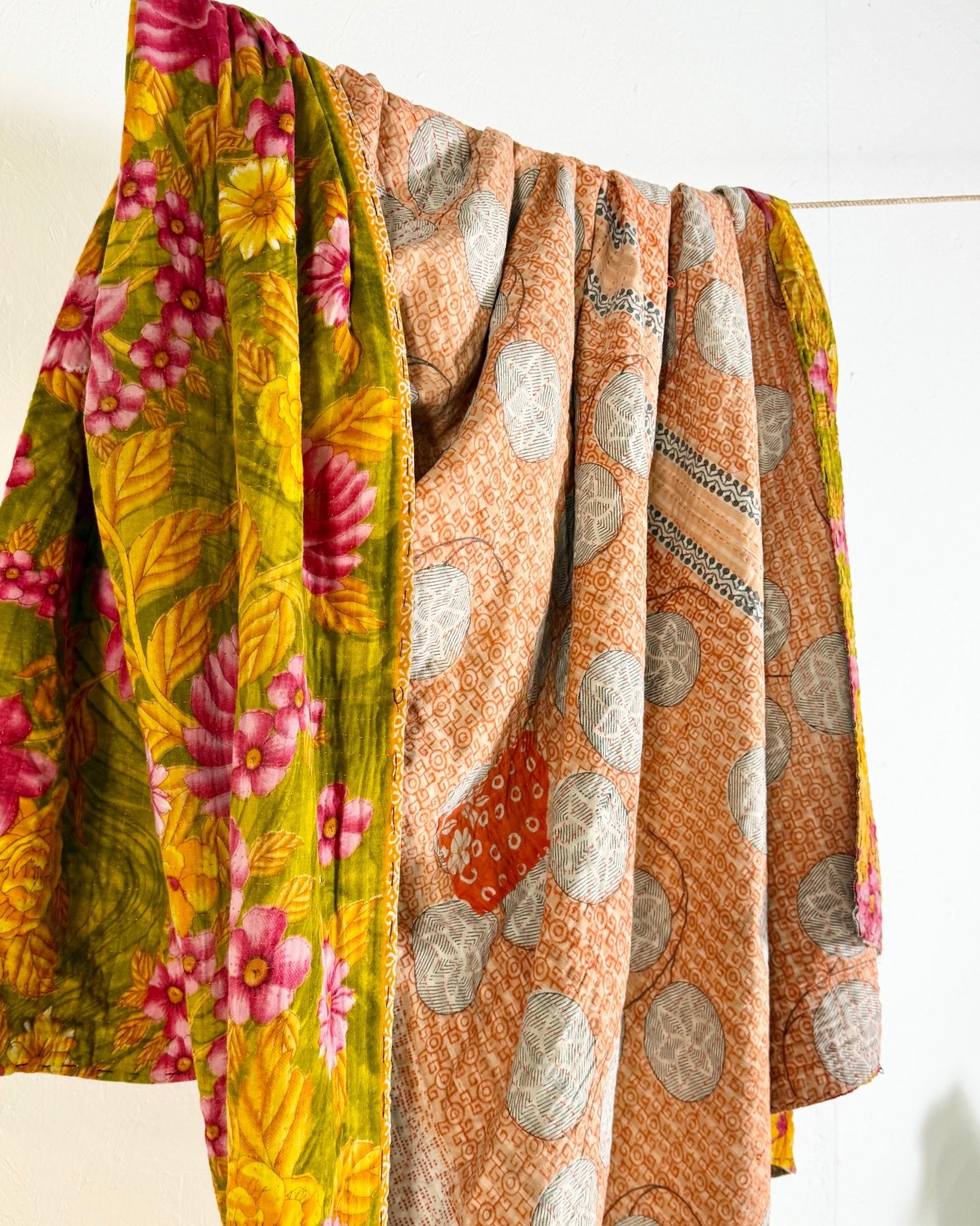 Large Fine Stitched Vintage Kantha Quilt in Bold Pink and Yellow Floral - Biggs & Hill