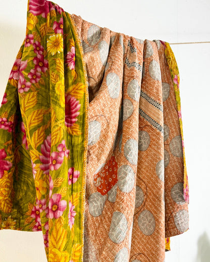 Large Fine Stitched Vintage Kantha Quilt in Bold Pink and Yellow Floral - Biggs & Hill