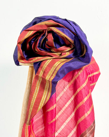Preloved Silk Sari Length In Dark Blue and Pink 04
