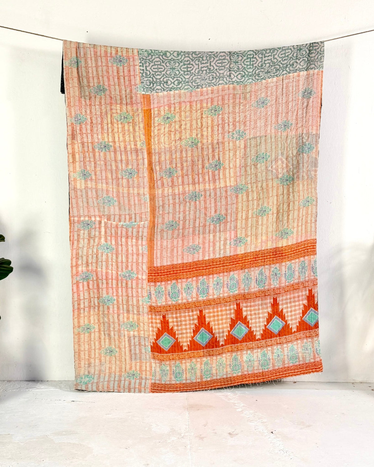 Vintage Cotton Kantha Quilt In Peach and Black 01 - Biggs & Hill