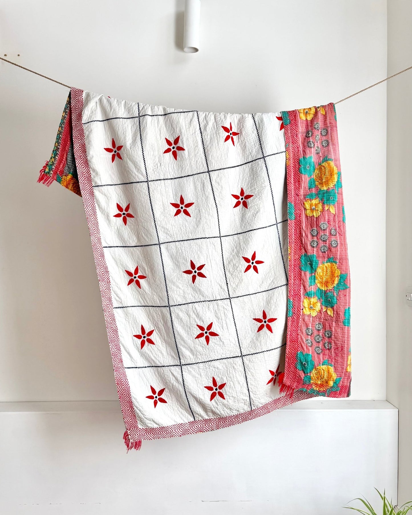 Large Embroidered Vintage Kantha Quilt in White With Red Flower Pattern - Biggs & Hill