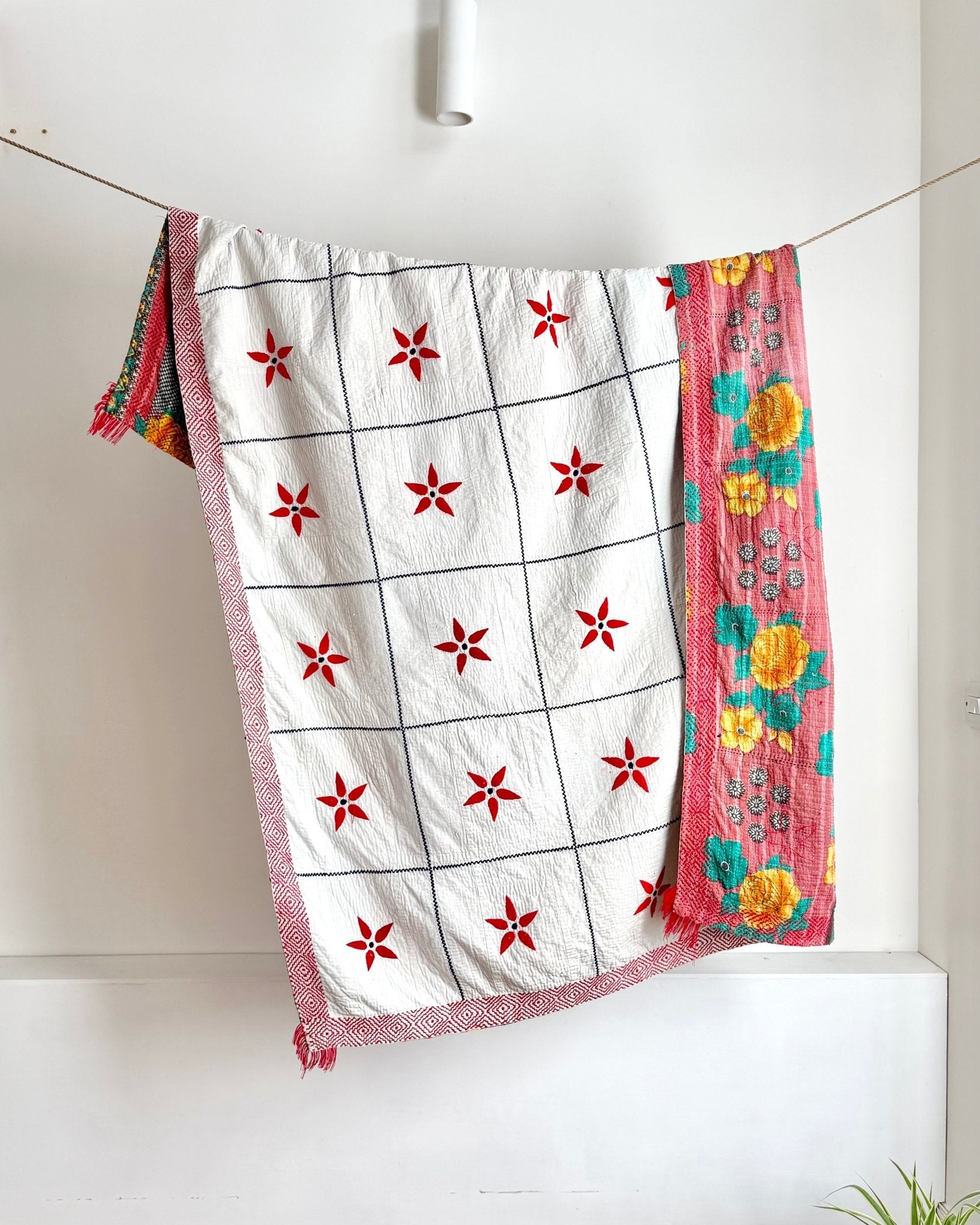 Large Embroidered Vintage Kantha Quilt in White With Red Flower Pattern - Biggs & Hill