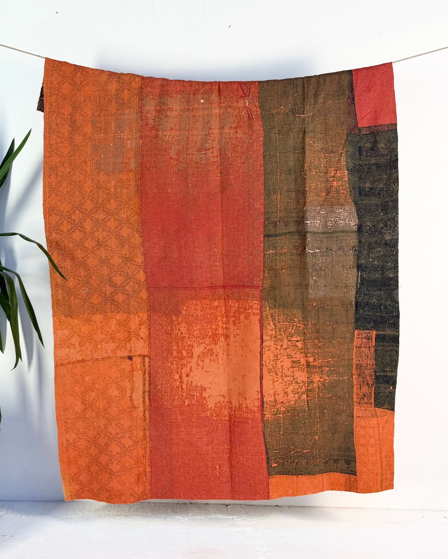 Ajrakh Printed Vintage Kantha Quilt In Orange And Green