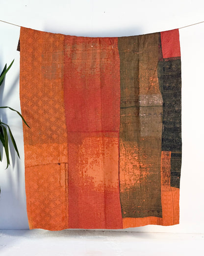 Ajrakh Printed Vintage Kantha Quilt In Orange And Green