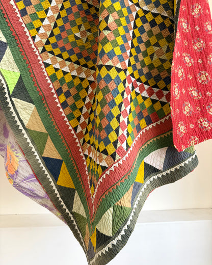 Vintage Embroidered Patchwork Ralli Quilt in Shades of Green