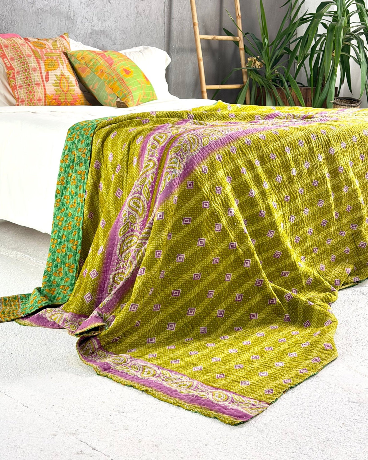 Large Fine Stitched Vintage Kantha Quilt in Green - Biggs & Hill