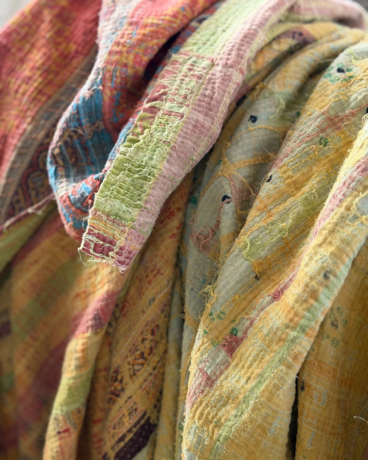 Large Textured Vintage Kantha Quilt In Soft Yellow and Orange
