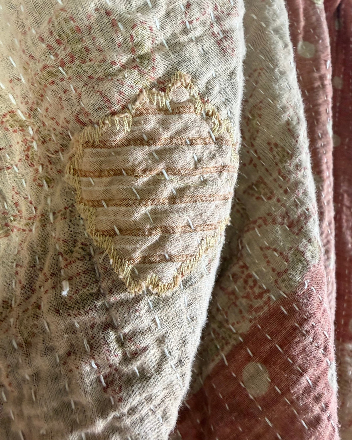 Large Fine Stitched Vintage Kantha Quilt in Soft Green and Brown - FIRST picture - Biggs & Hill