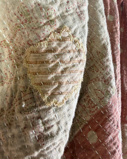 Large Fine Stitched Vintage Kantha Quilt in Soft Green and Brown - FIRST picture - Biggs & Hill