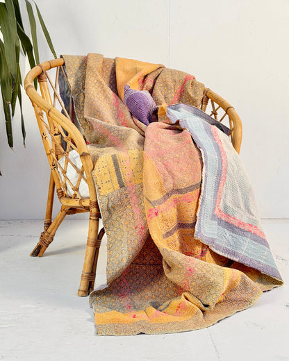 Embroidered Vintage Kantha Quilt in Yellow, Pink and White