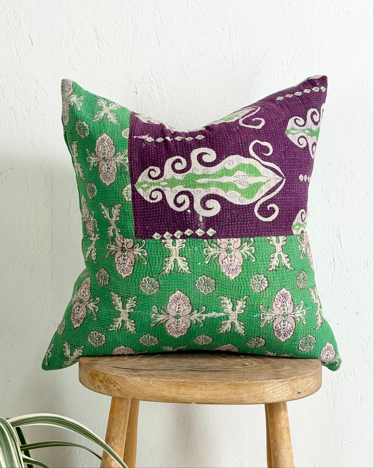 Handmade Vintage Kantha Cushion Cover In Green and Purple- 45cm (18") Square