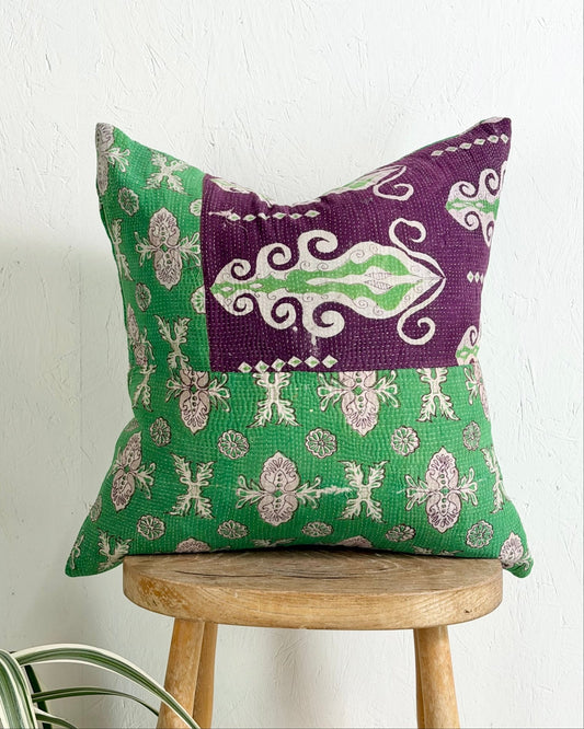 Handmade Vintage Kantha Cushion Cover In Green and Purple- 45cm (18") Square - Biggs & Hill