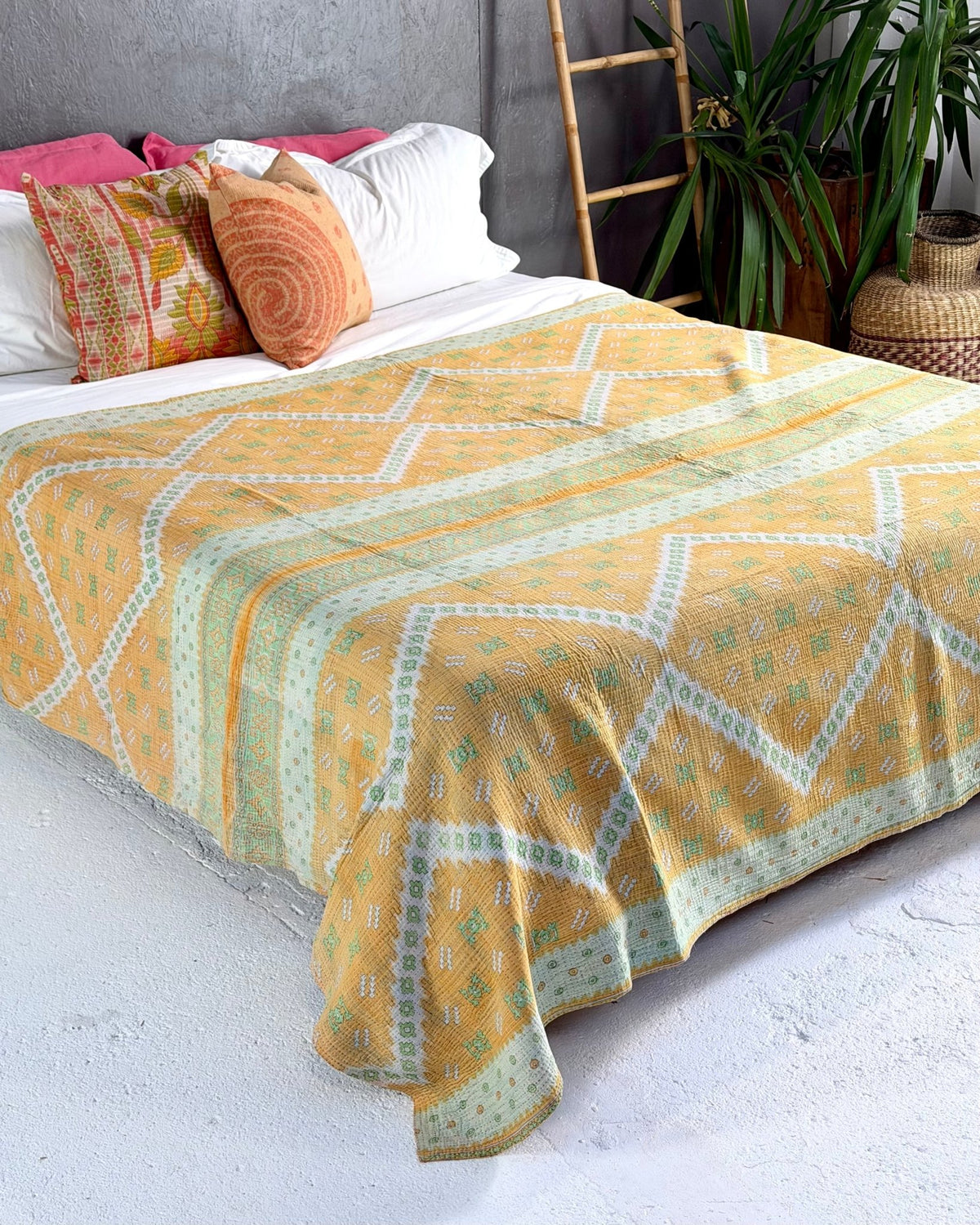 Extra Large Fine Stitched Vintage Kantha Quilt in Geometric Yellow and Green - Biggs & Hill