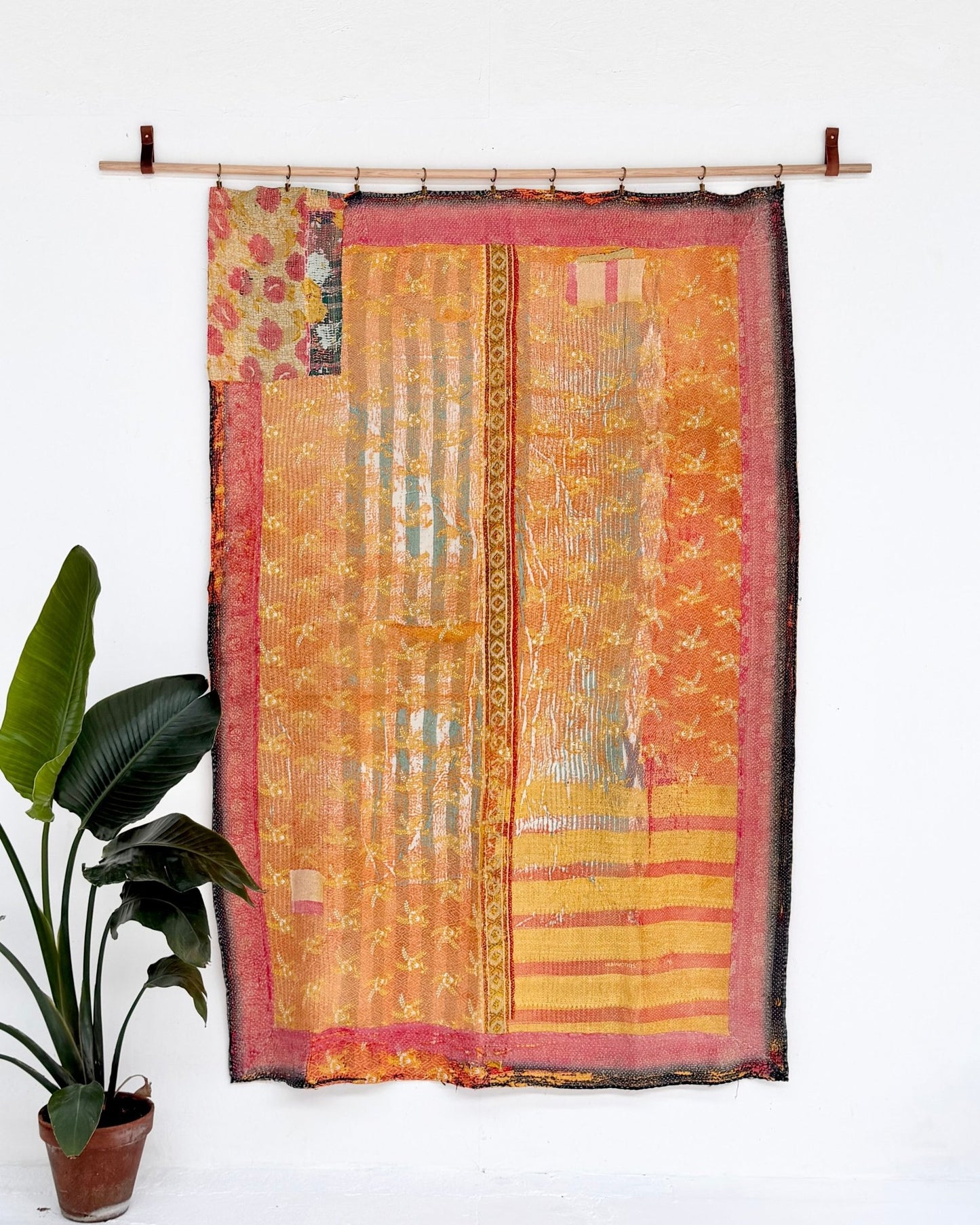 Large Textured Vintage Kantha Quilt In Yellow and Pink - Biggs & Hill