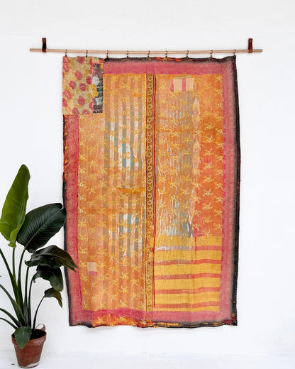 Large Textured Vintage Kantha Quilt In Yellow and Pink - Biggs & Hill