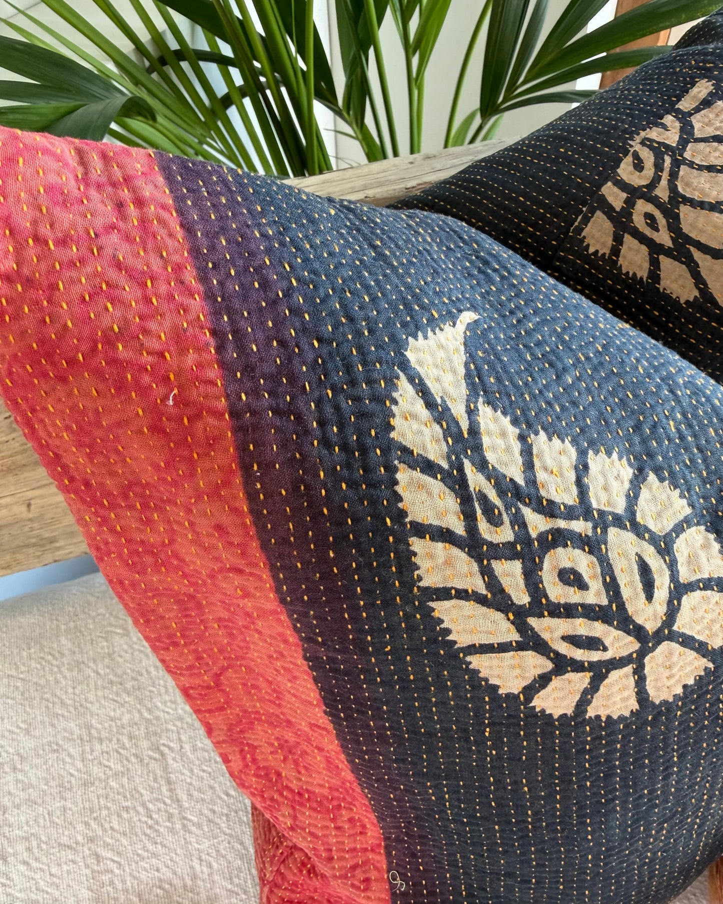 Vintage Kantha Cushion In Black and Red- 45cm Square