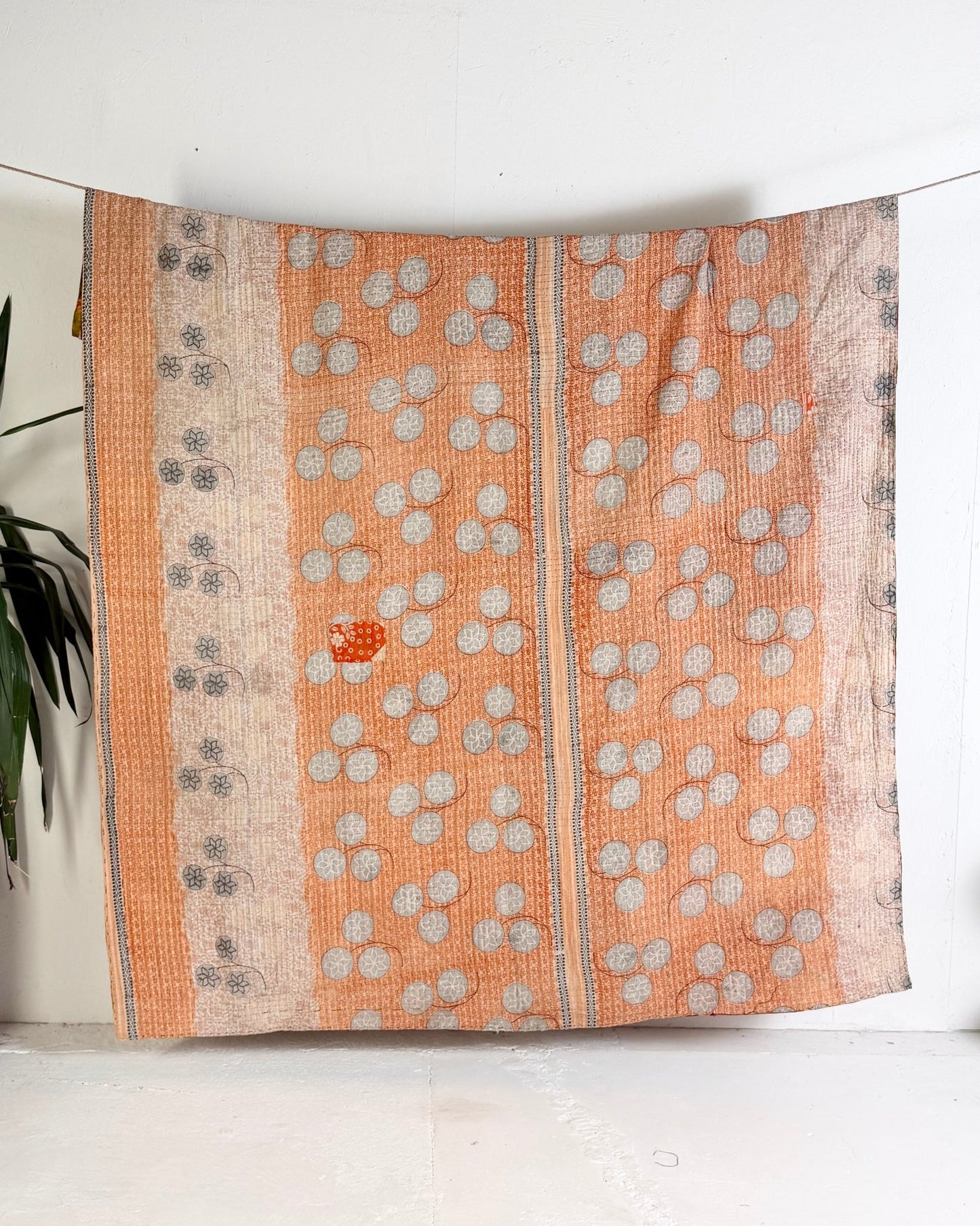 Large Fine Stitched Vintage Kantha Quilt in Bold Pink and Yellow Floral - Biggs & Hill