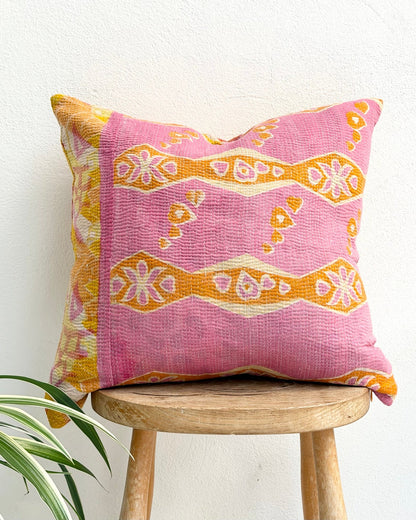 Handmade Reversible Vintage Kantha Cushion Cover In Pink and Yellow - 45cm (18") - Biggs & Hill