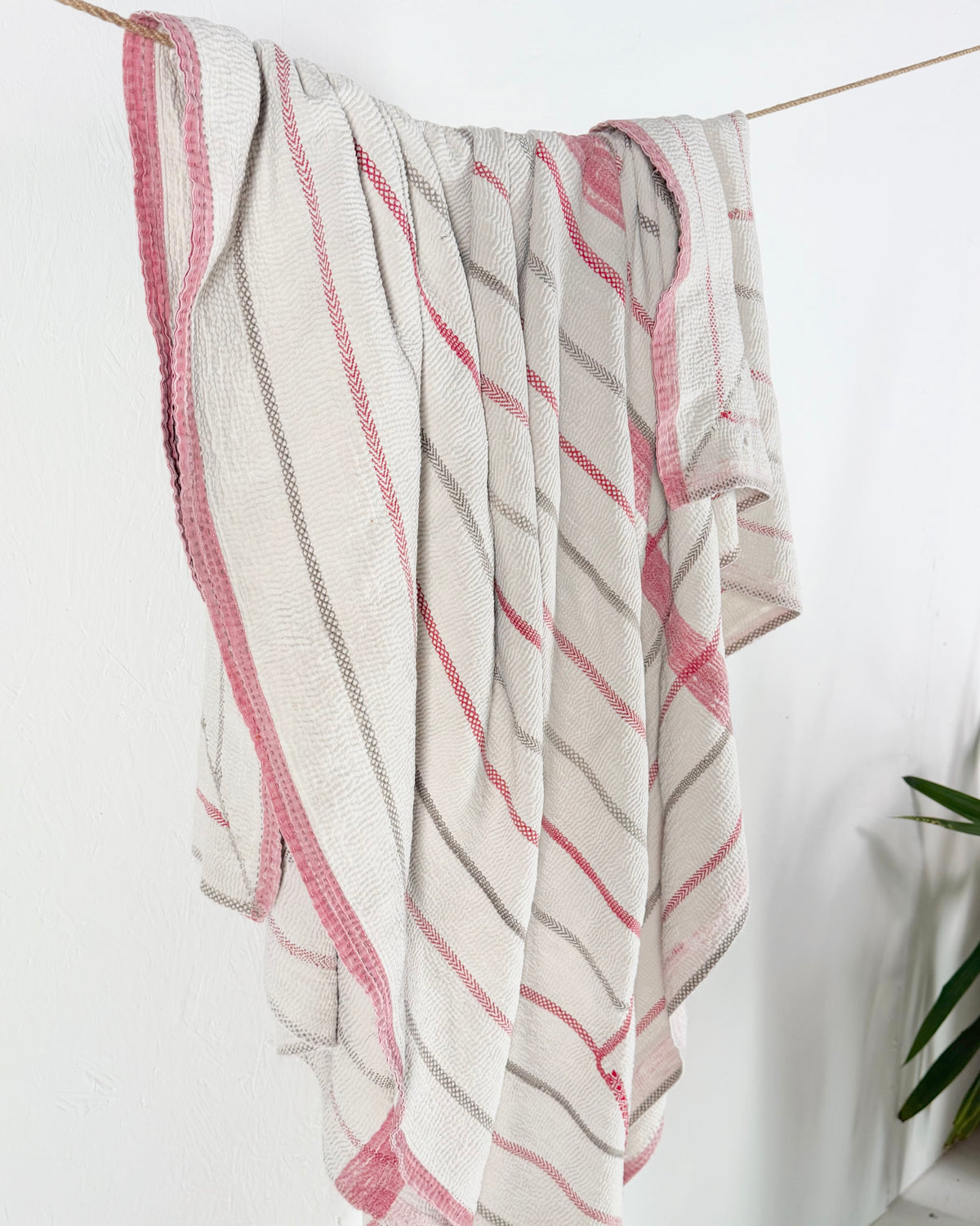 Embroidered Antique Vintage Kantha Quilt in White and Pink