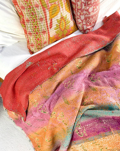 Textured Vintage Kantha Quilt in Pink and Yellow Stripes - Biggs & Hill