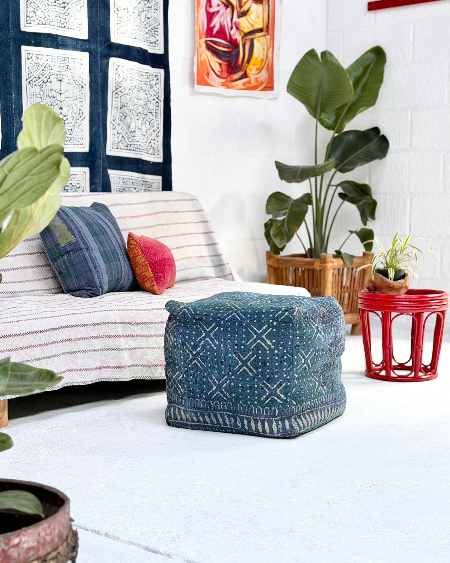 Cube Kantha Pouf Cushion Cover With Indigo Block Print