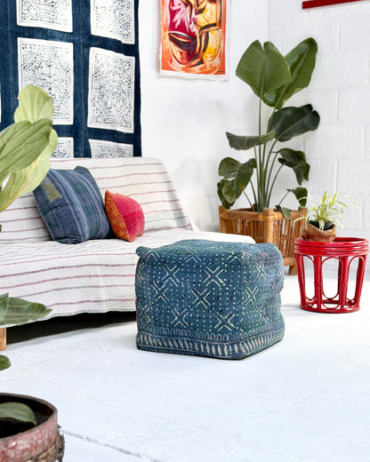 Cube Kantha Pouf Cushion Cover With Indigo Block Print