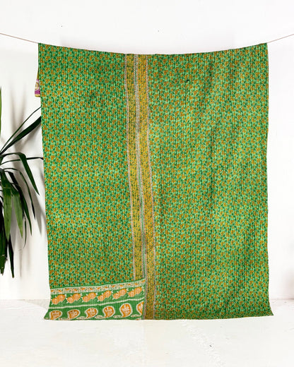 Large Fine Stitched Vintage Kantha Quilt in Green - Biggs & Hill
