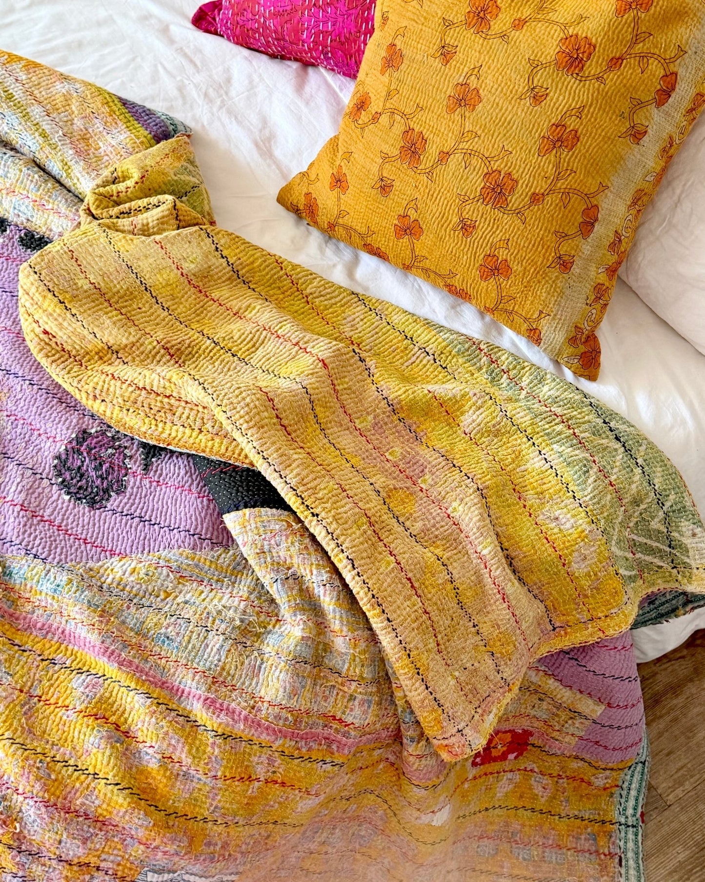 Large Textured Vintage Kantha Quilt In Abstract Pink, Purple and Yellow - Biggs & Hill