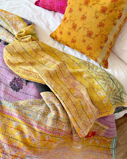 Large Textured Vintage Kantha Quilt In Abstract Pink, Purple and Yellow - Biggs & Hill
