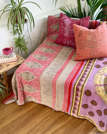 Fine Stitched Vintage Kantha Quilt in Super Soft Pink and Purple