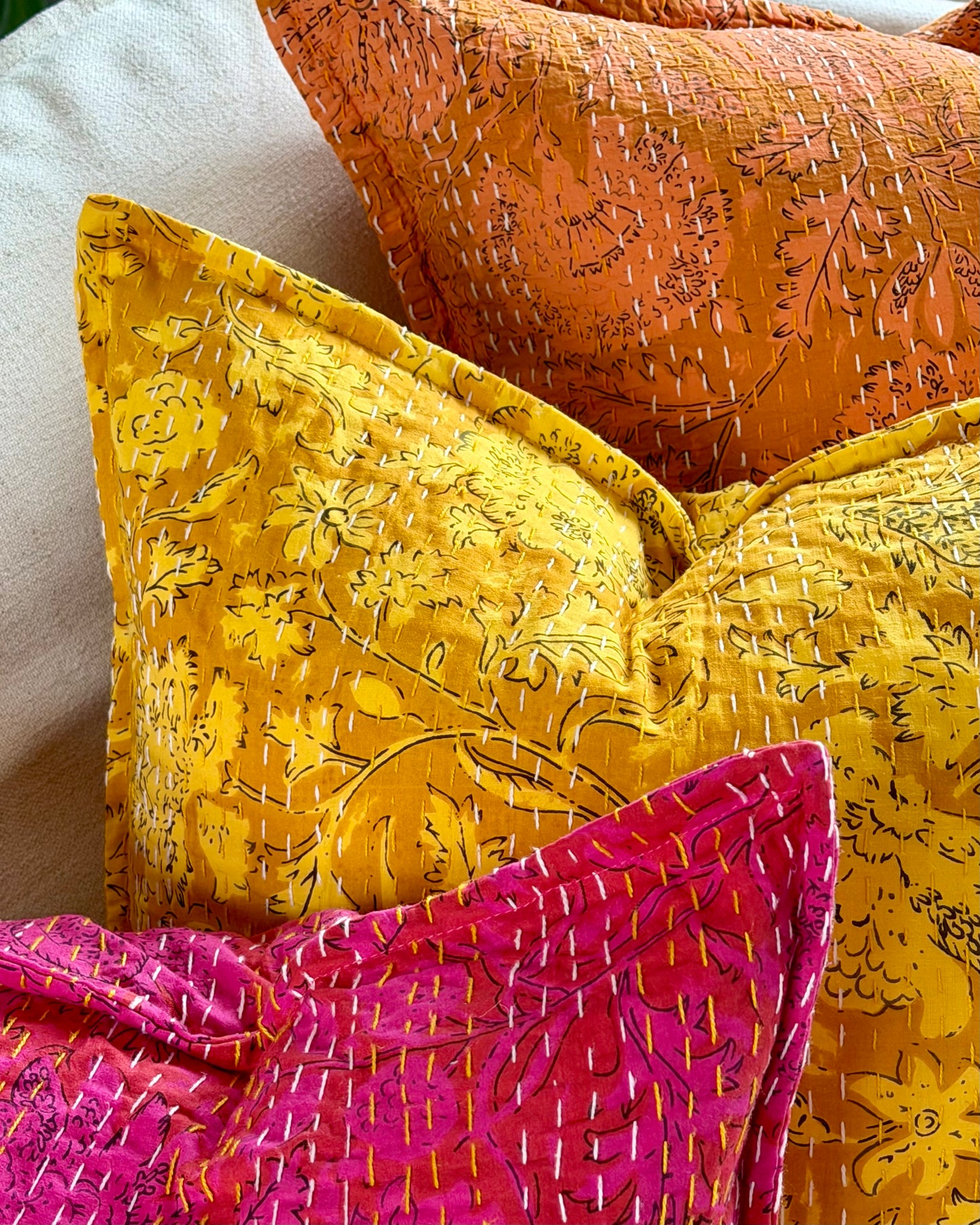 Sunshine Yellow Floral Block Printed Hand Stitched Square Kantha Cushion