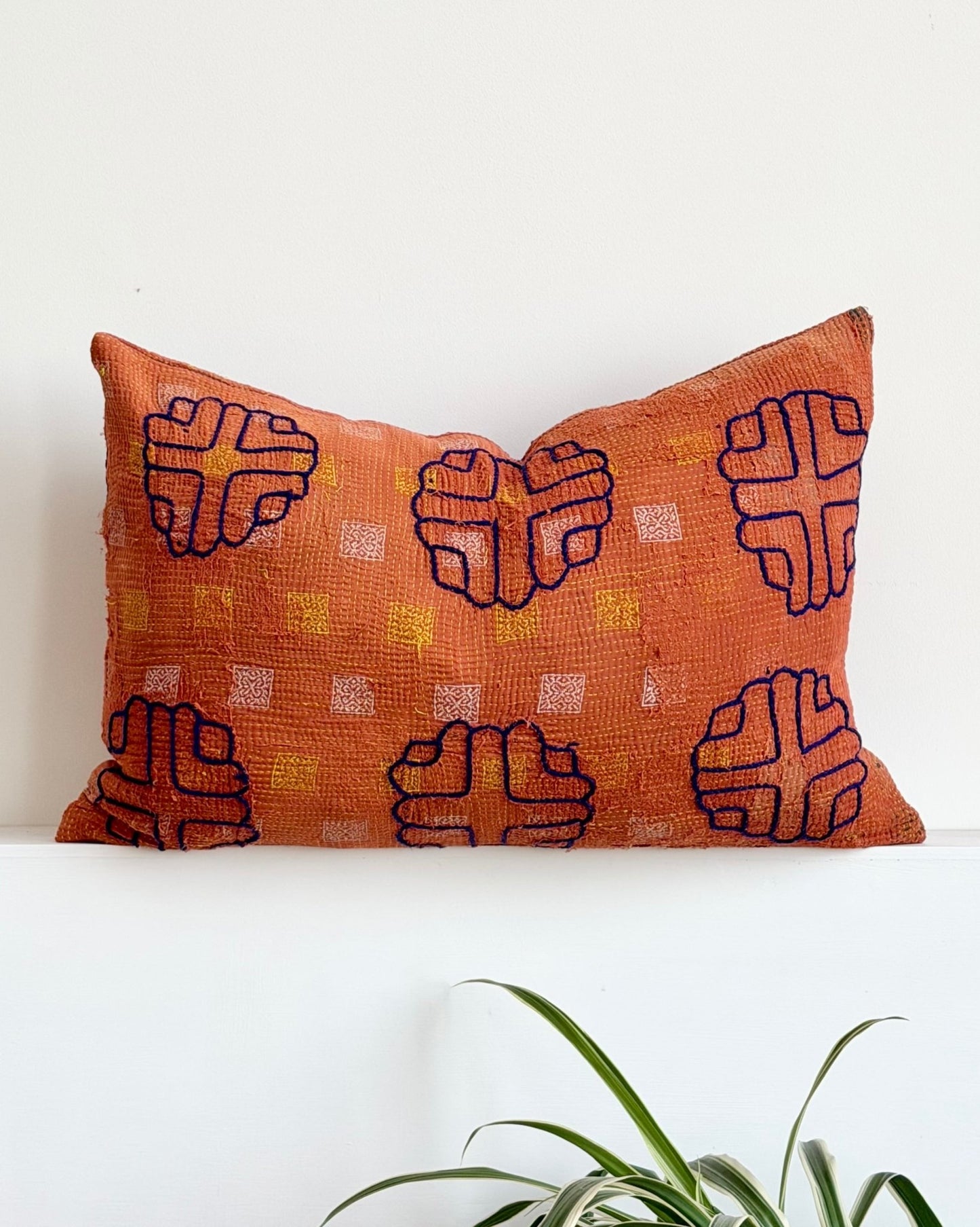 Vintage Kantha Cushion In Terracotta 03 - Large Rectangular - Biggs & Hill